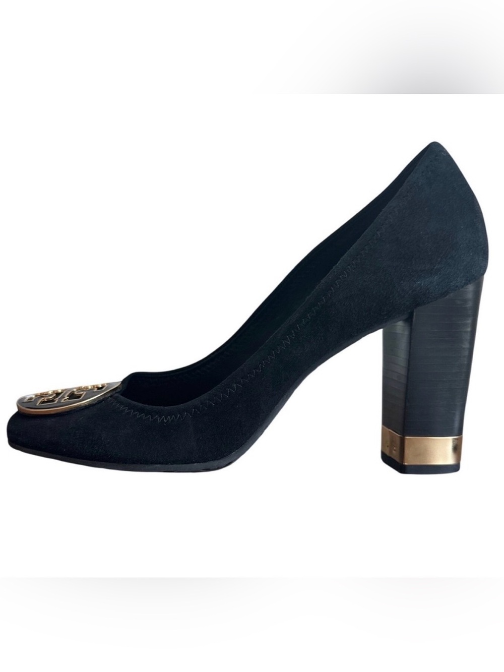 Tory Burch Maddie Black Suede Block Heel Pumps Gold Logo Size 9.5